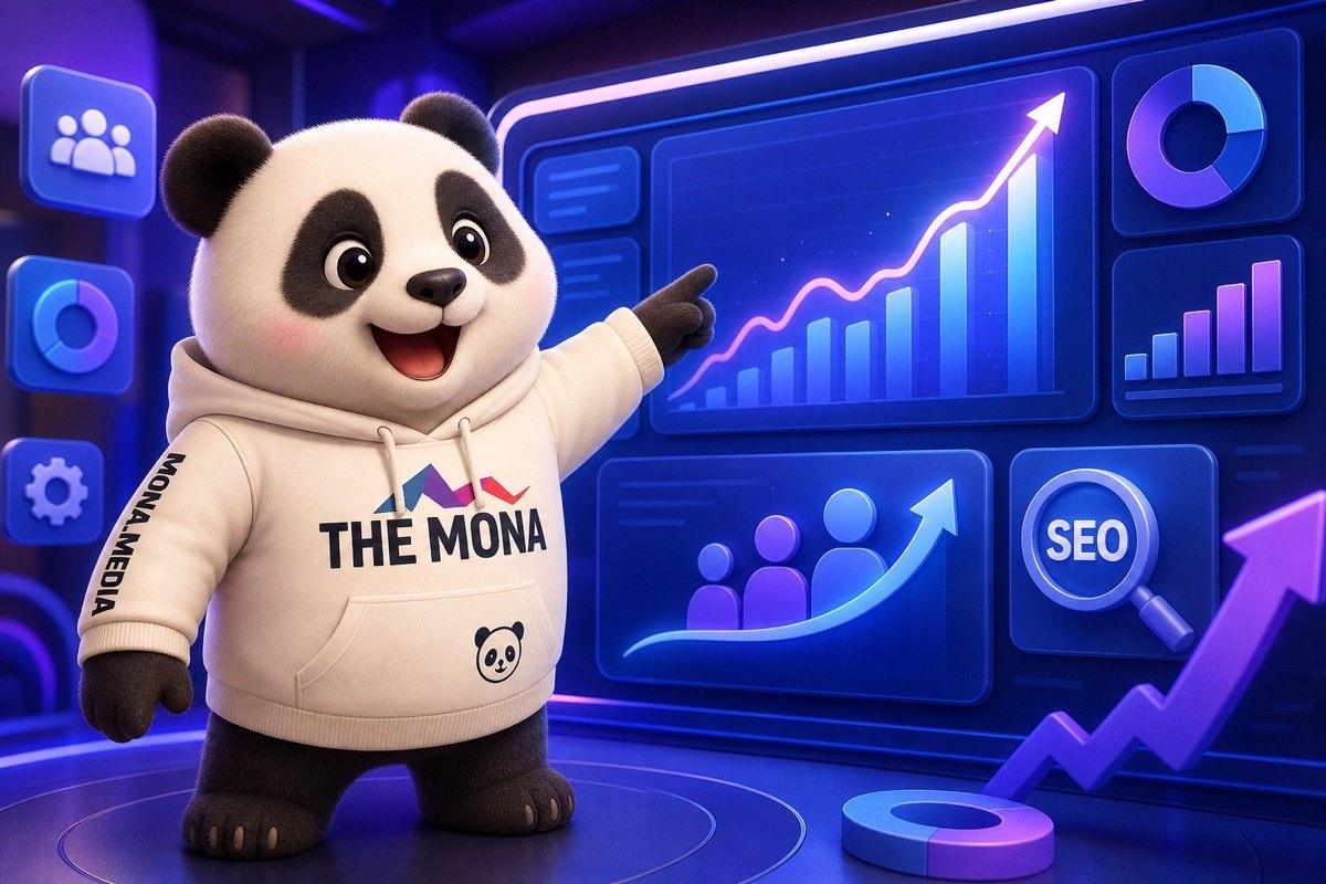 Chibi panda hào hứng chỉ vào màn hình hiển thị hiệu quả Generative SEO.