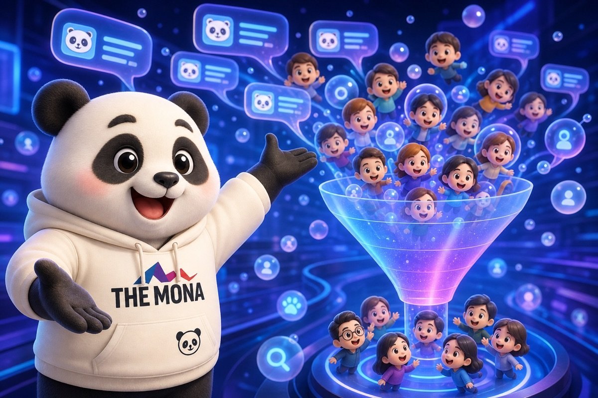 Chibi panda vui vẻ mở rộng phễu khách hàng mới với Generative SEO.