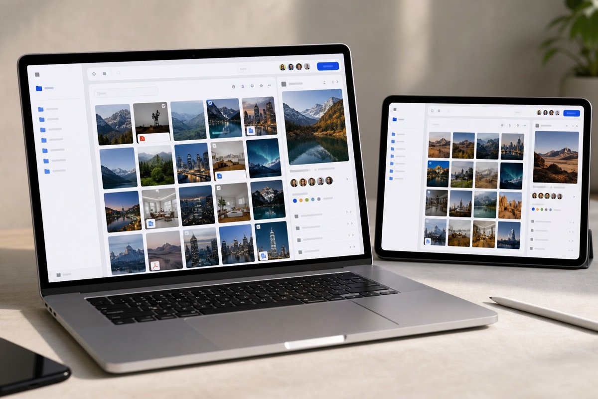Giao diện nền tảng chia sẻ tài nguyên hình ảnh như Google Drive hoặc hệ thống DAM