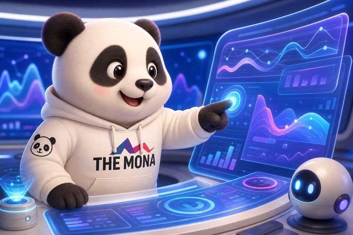 Góc nhìn qua vai chibi gấu trúc cười tươi rực rỡ, theo dõi bảng điều khiển hiển thị dữ liệu tìm kiếm khách hàng, đối phó với Google AI Overview ảnh hưởng traffic website.