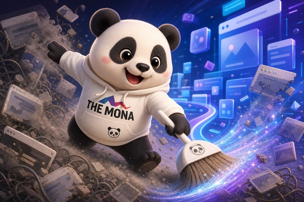 Chibi gấu trúc vui mừng, cười tươi rực rỡ, dọn dẹp nội dung cũ để website không bị Google AI Overview ảnh hưởng traffic.