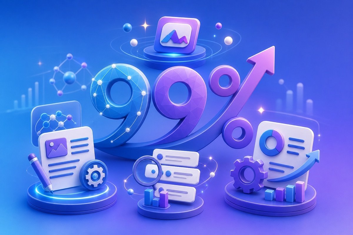 Infographic hiển thị tăng trưởng SEO 99% nhờ tự động hóa, giải pháp hiệu quả khi Google AI Overview ảnh hưởng traffic website.