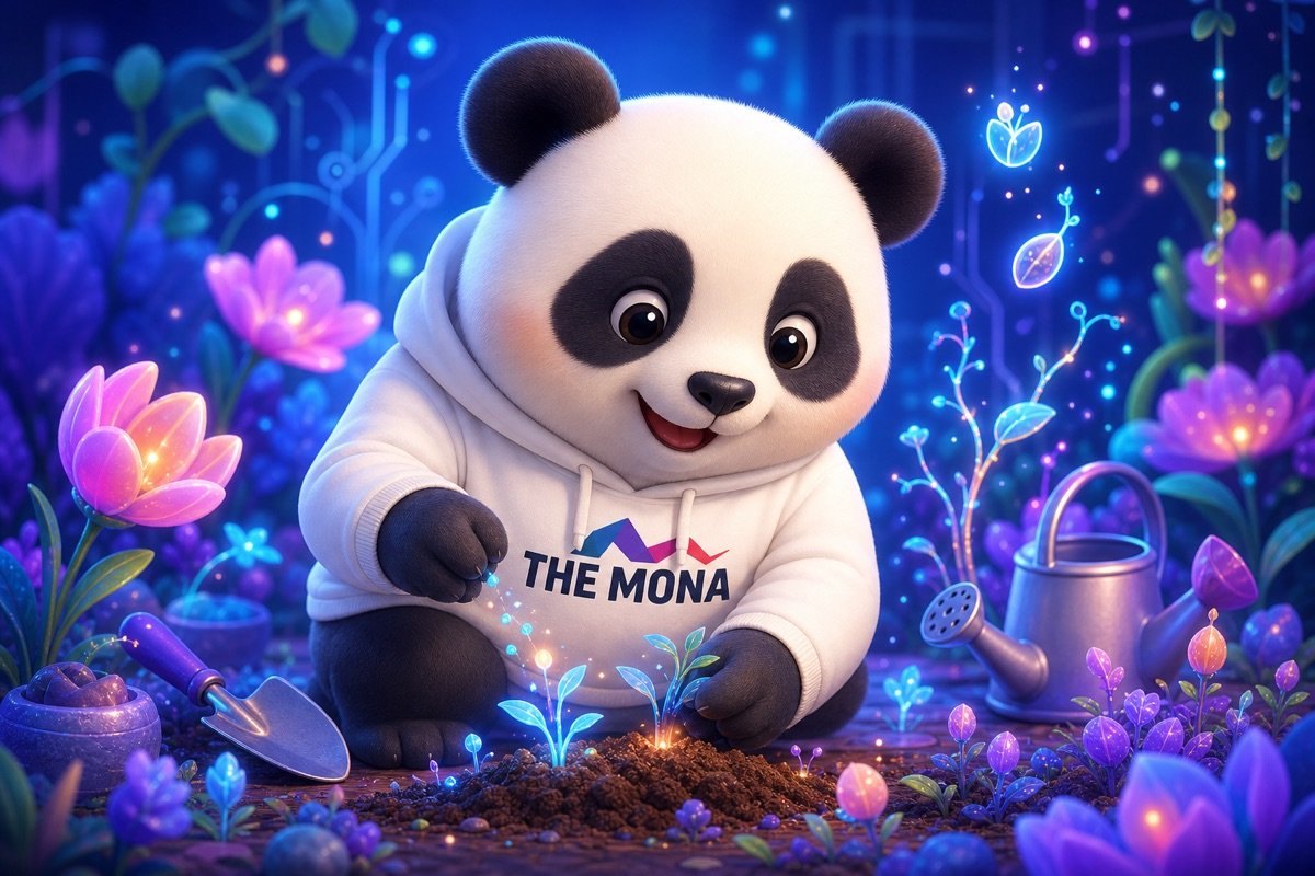 Chibi gấu trúc vui mừng, cười tươi rực rỡ, chăm sóc khu vườn nội dung số, tạo ra các chiến lược mới phù hợp với Google AI Overview ảnh hưởng traffic website.