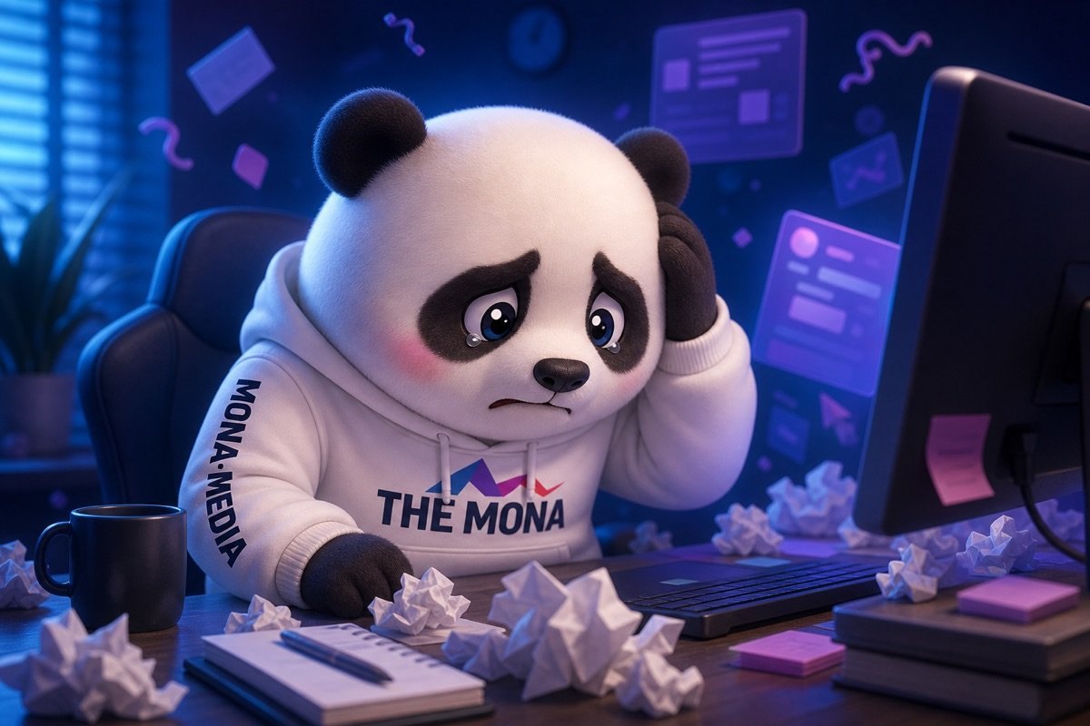 Chibi gấu trúc buồn rũ rượi, căng thẳng trước màn hình hiển thị tin tức AI khó hiểu, lo lắng về Google AI Overview ảnh hưởng traffic website.