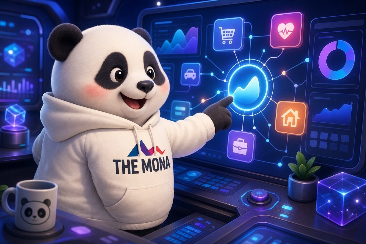 Góc nhìn qua vai chibi gấu trúc cười tươi rực rỡ, theo dõi bảng điều khiển hiển thị các ngành nghề áp dụng tối ưu nội dung, thích nghi với Google AI Overview ảnh hưởng traffic website.