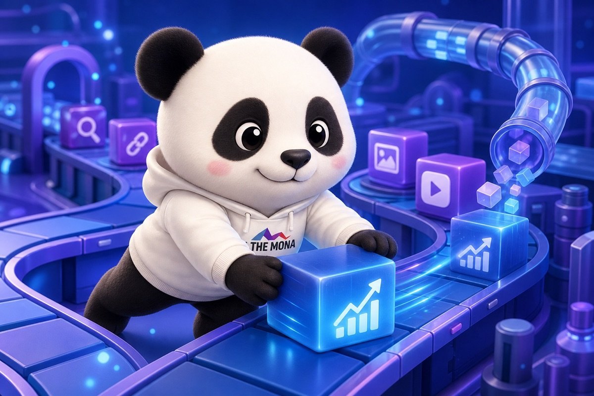Chibi gấu trúc quyết tâm, từng bước di chuyển qua quy trình tối ưu hóa nội dung và SEO, đối phó với Google AI Overview ảnh hưởng traffic website.