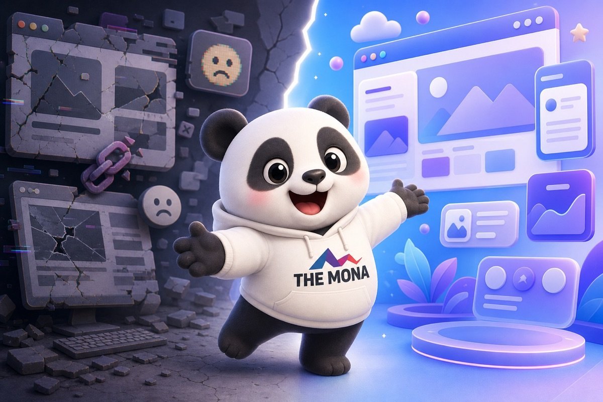 So sánh website cũ và mới, chibi gấu trúc cười tươi rực rỡ mời gọi xây dựng website vững chắc trước Google AI Overview ảnh hưởng traffic website.