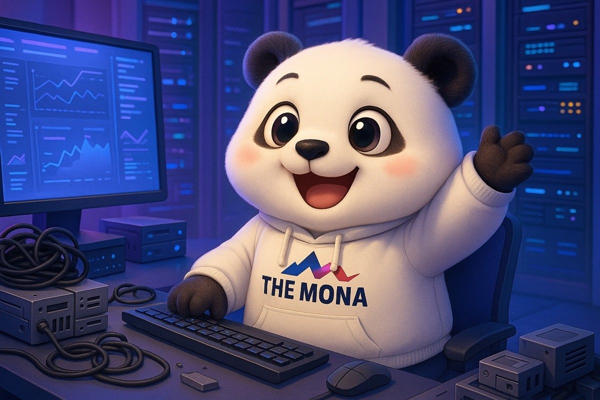 Gấu trúc chibi vui mừng, tươi cười rạng rỡ làm việc tại bàn, xung quanh là máy chủ và màn hình, thể hiện việc giảm chi phí phòng IT cồng kềnh nhờ tự động hóa.