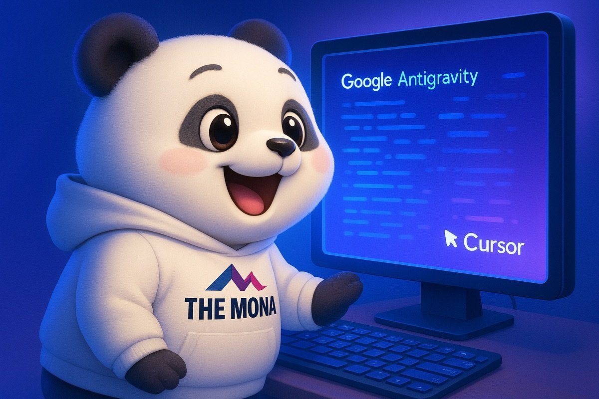 Chú gấu trúc chibi tươi cười rạng rỡ nhìn vào màn hình hiển thị logo Google Antigravity và Cursor, cùng các dòng mã tự động được tạo ra, minh họa làn gió mới trong phát triển phần mềm nội bộ.