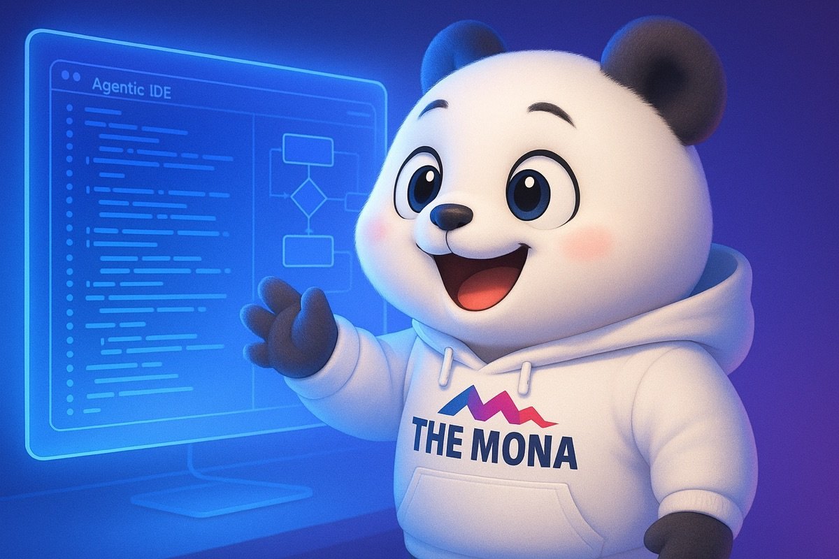 Gấu trúc chibi vui mừng, tươi cười rạng rỡ nhìn vào màn hình hiển thị code và biểu đồ, minh họa Google Antigravity mở ra kỷ nguyên lập trình tự động bằng AI Agent.