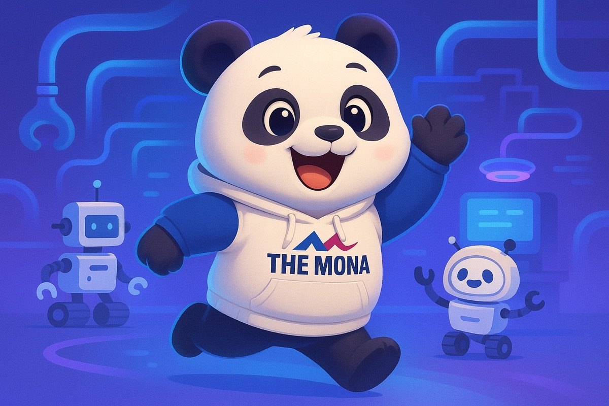 Gấu trúc chibi vui mừng, tươi cười rạng rỡ di chuyển nhanh nhẹn trong không gian làm việc IT tự động hóa, minh họa việc giảm 60% chi phí và nhân sự IT.