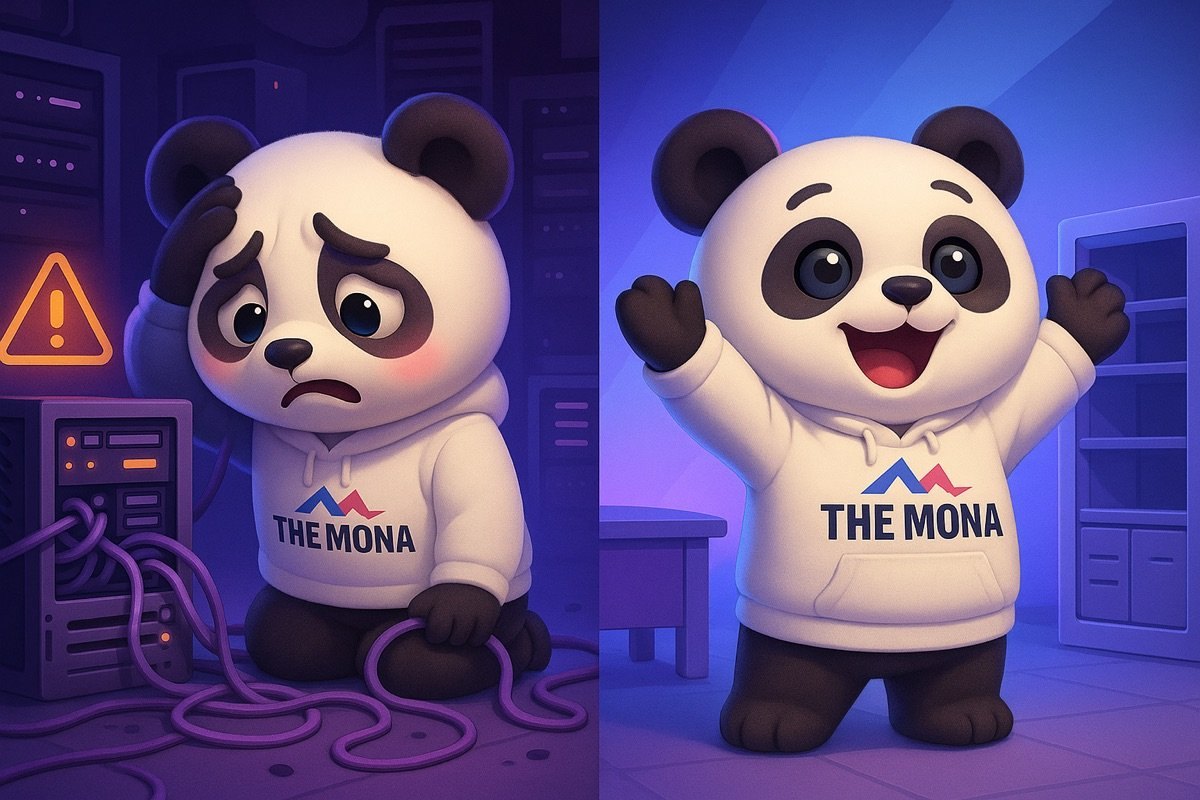 Cảnh chia đôi: bên trái gấu trúc chibi buồn bã, lo lắng với dây nhợ hỗn độn, bên phải không gian gọn gàng nhưng trống rỗng, thể hiện giới hạn của Google Antigravity cho sản xuất thực tế.