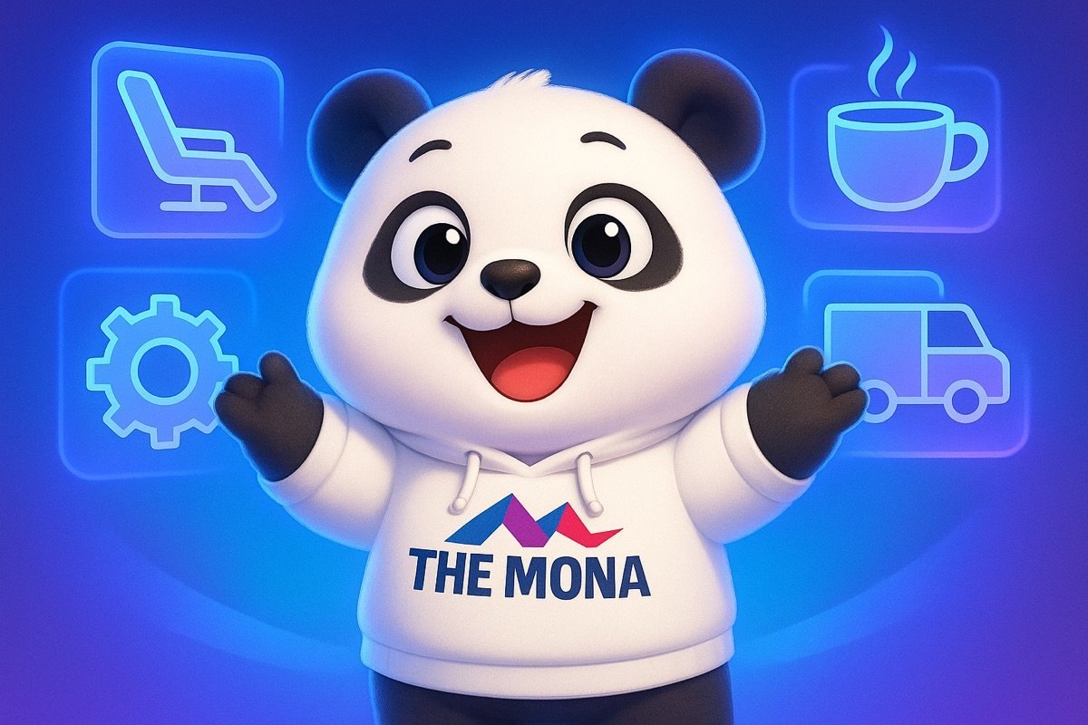 Chú gấu trúc chibi tươi cười rạng rỡ, hào hứng nhìn các biểu tượng ngành nghề khác nhau hiện ra trên màn hình hologram, minh họa ứng dụng tự động hóa của MONA cho nhiều lĩnh vực kinh doanh.