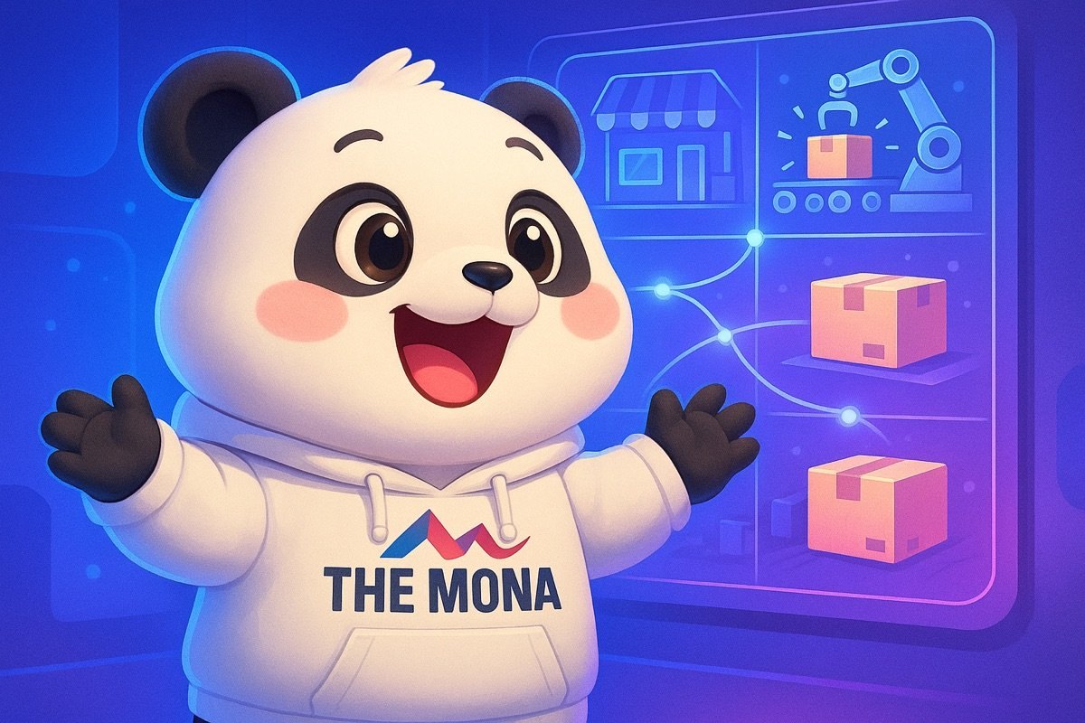 Gấu trúc chibi vui mừng, tươi cười rạng rỡ nhìn vào màn hình hiển thị các ngành nghề khác nhau, thể hiện phần mềm tự động hóa MONA được triển khai hiệu quả cho nhiều ngành.