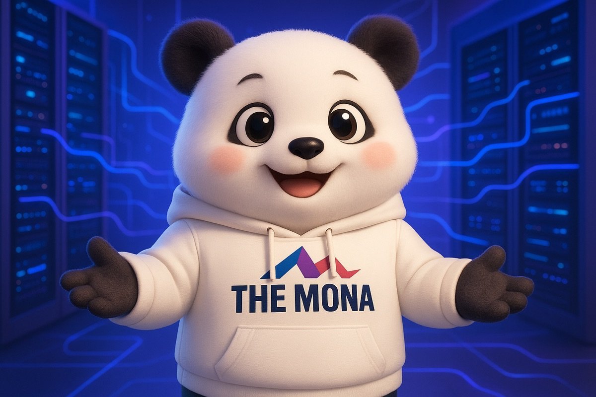 Chú gấu trúc chibi tươi cười rạng rỡ, dang tay mời chào trong một trung tâm dữ liệu hiện đại, tượng trưng cho lời kêu gọi đầu tư vào phần mềm tự động hóa chuyên nghiệp và sự đồng hành của MONA.