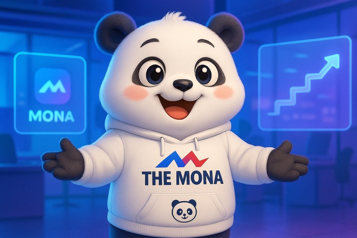 Gấu trúc chibi tươi cười rạng rỡ, dang tay mời gọi trong văn phòng hiện đại, khuyến khích doanh nghiệp làm chủ công nghệ tự động hóa IT cùng MONA.