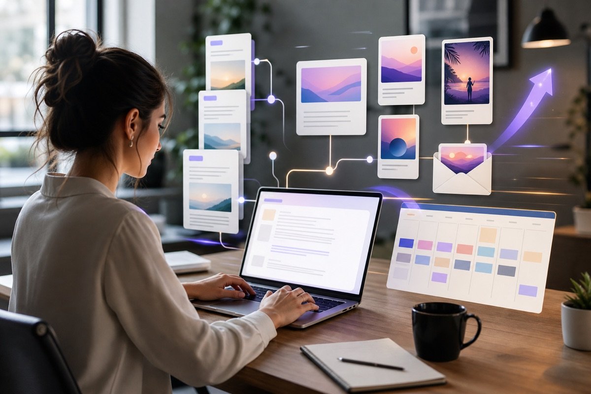 Hình ảnh minh họa Claude tăng công suất sản xuất nội dung marketing, có thể là giao diện Claude tạo bài viết hoặc quy trình làm việc hiệu quả