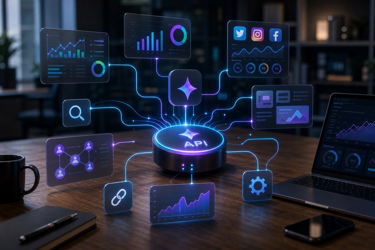Hình ảnh minh họa Gemini API kết nối với các công cụ marketing và SEO khác