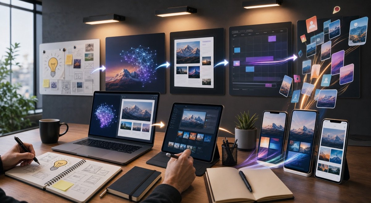 Hình ảnh minh họa quy trình tự động hóa nội dung marketing với các bước từ ý tưởng đến xuất bản