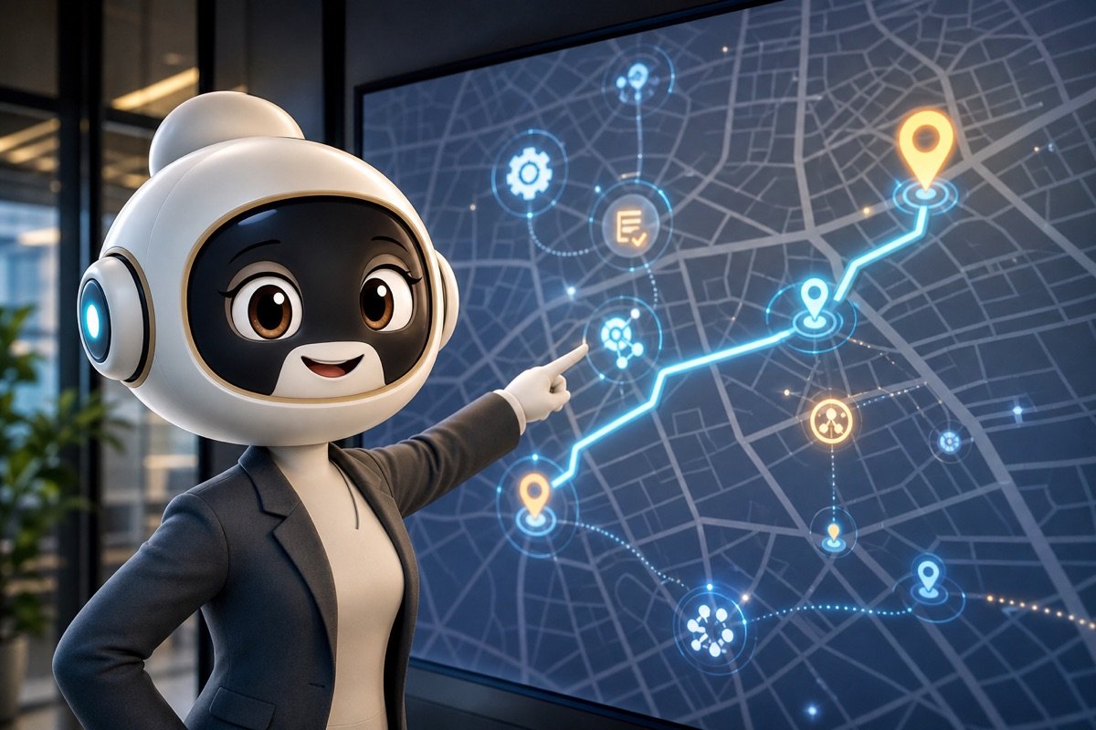 Hình ảnh một chú mascot MONA đang chỉ đường trên bản đồ số, thể hiện lộ trình tự động hóa cho doanh nghiệp