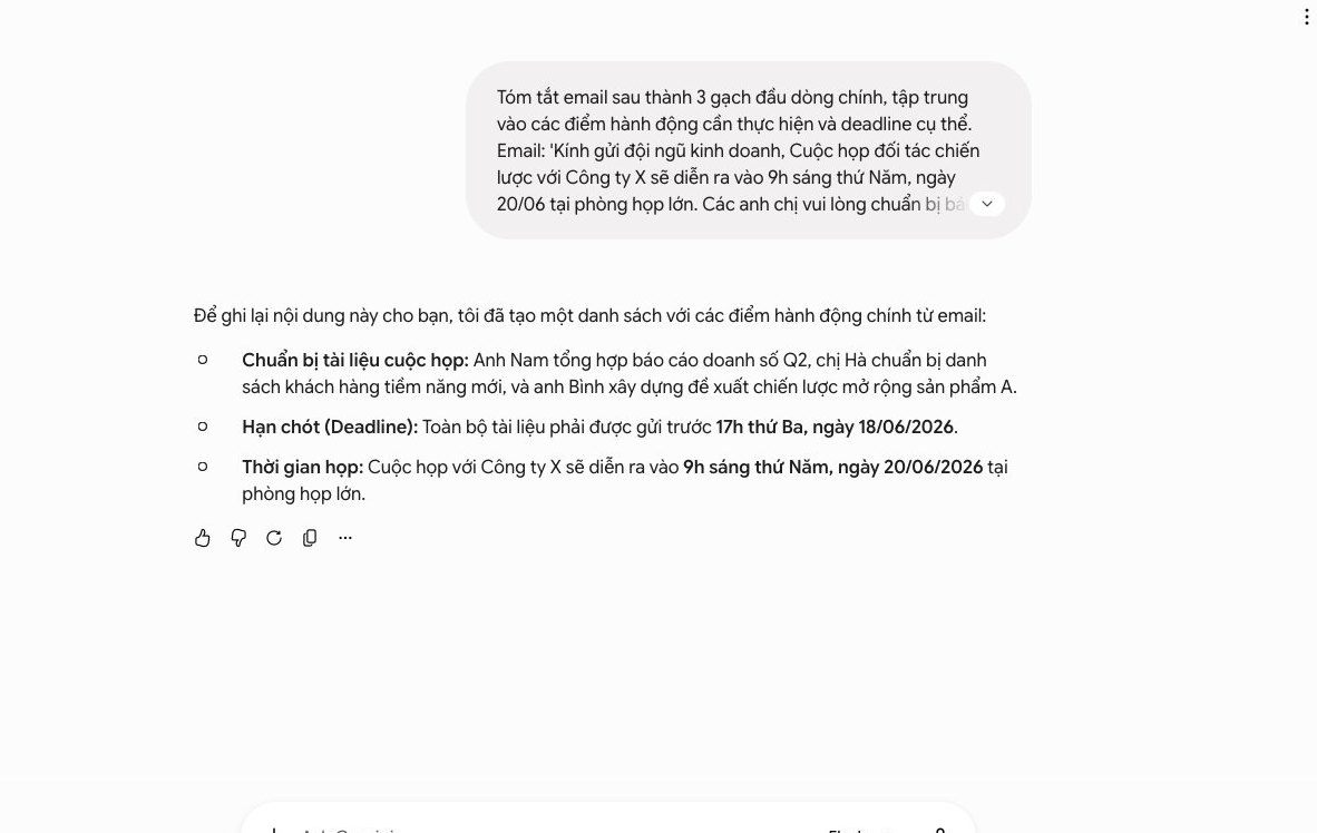 Màn hình Gemini tóm tắt email cuộc họp đối tác, minh họa cách tăng năng suất với prompt cơ bản.