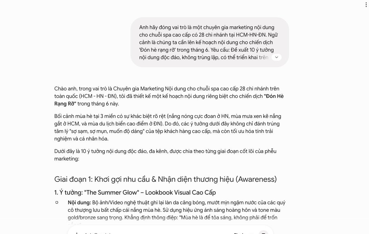Gemini gợi ý 10+ ý tưởng nội dung độc đáo cho chuỗi spa, giải quyết vấn đề cạn kiệt ý tưởng marketing.