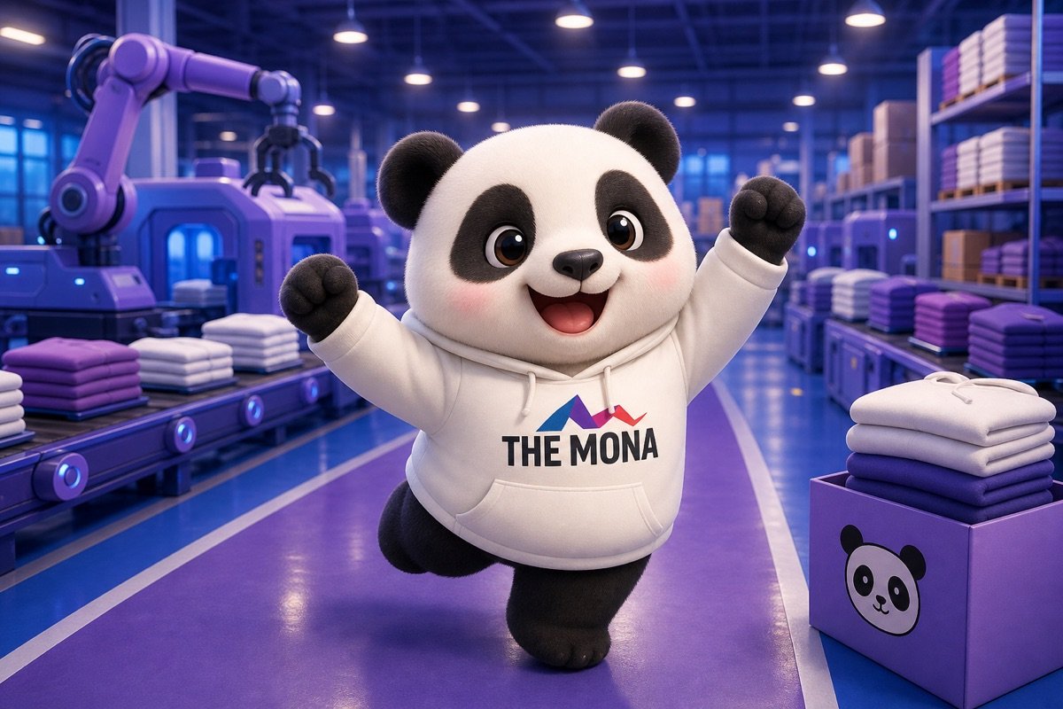 Chú gấu panda tự tin đứng giữa nhà máy hiện đại, minh họa việc lập kế hoạch sản xuất hiệu quả.