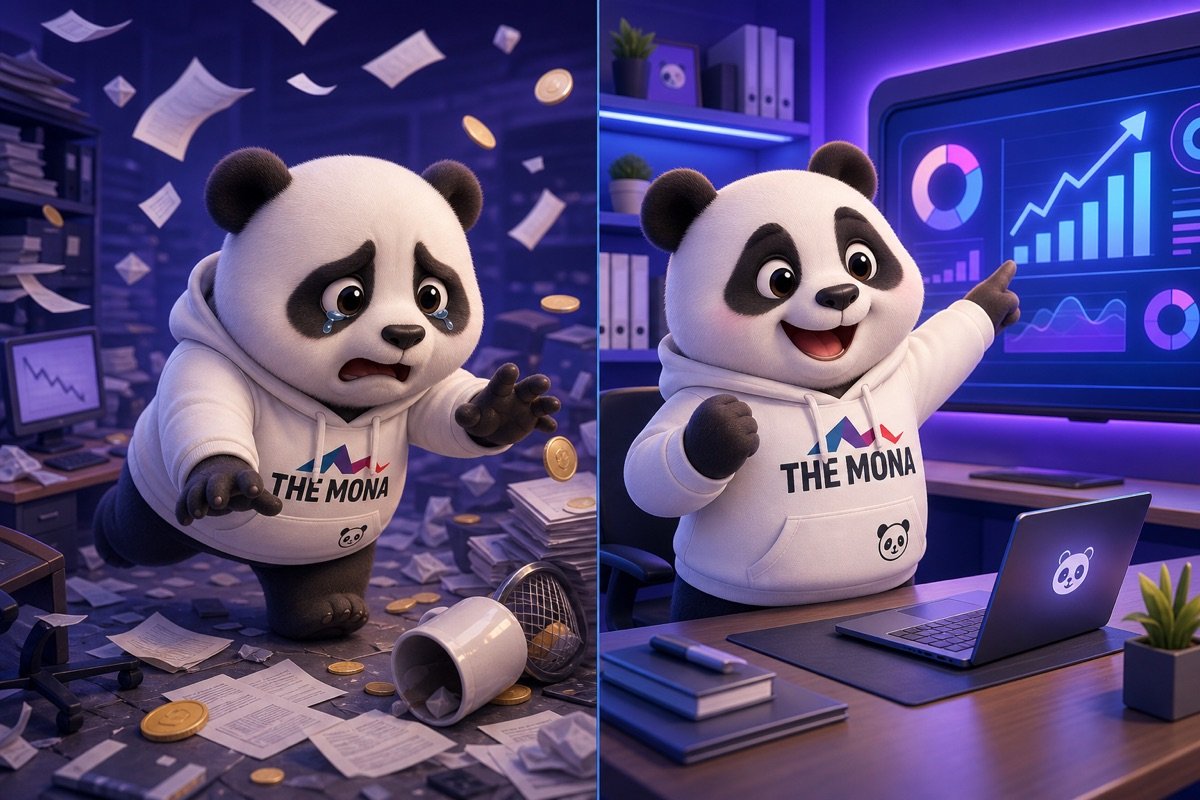 Chú gấu trúc hào hứng chỉ vào con số tiết kiệm từ lộ trình chuyển đổi số hiệu quả.