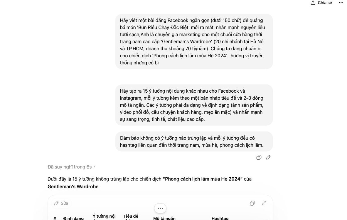 Màn hình ChatGPT hiển thị 15 ý tưởng nội dung Facebook và Instagram cho chiến dịch thời trang nam, minh họa khả năng tạo nội dung hàng loạt của AI.