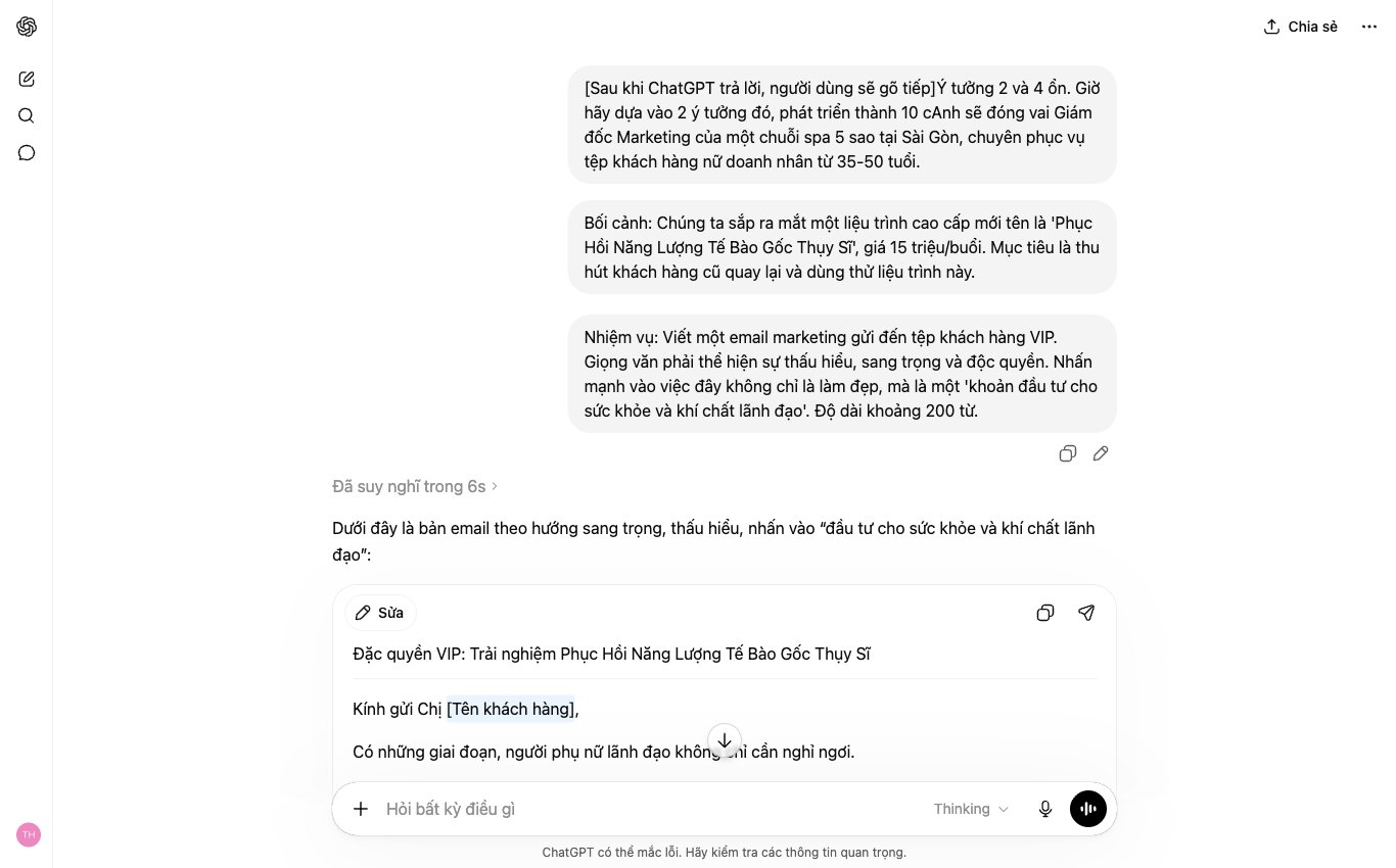 Ví dụ khắc phục lỗi ChatGPT thường gặp bằng công thức ra lệnh 3 bước để viết email marketing cho spa cao cấp.
