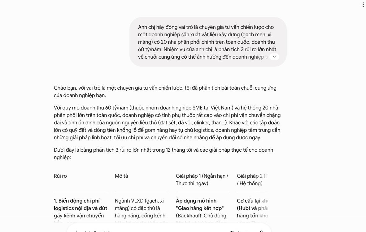 Màn hình Gemini với prompt chi tiết và bảng phân tích rủi ro chuỗi cung ứng cụ thể, minh họa cách dùng khung lệnh 4 lớp để có kết quả chính xác.