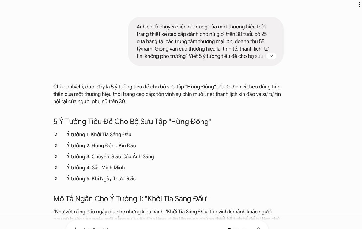 Màn hình Gemini tạo tiêu đề và mô tả sản phẩm thời trang với giọng văn thương hiệu tinh tế, minh họa cách gắn DNA vào AI.