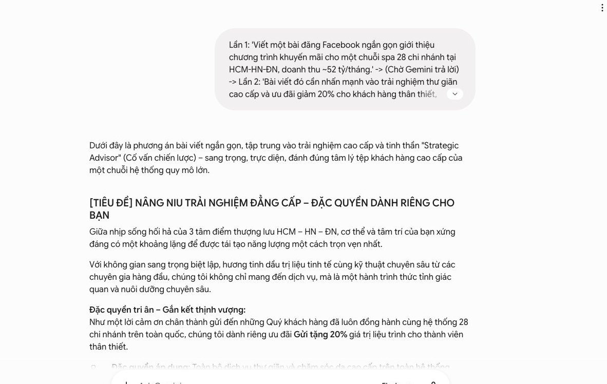 Màn hình Gemini hiển thị chuỗi tương tác chỉnh sửa bài đăng Facebook cho spa, minh họa quy trình dạy AI tự học và tối ưu phản hồi.