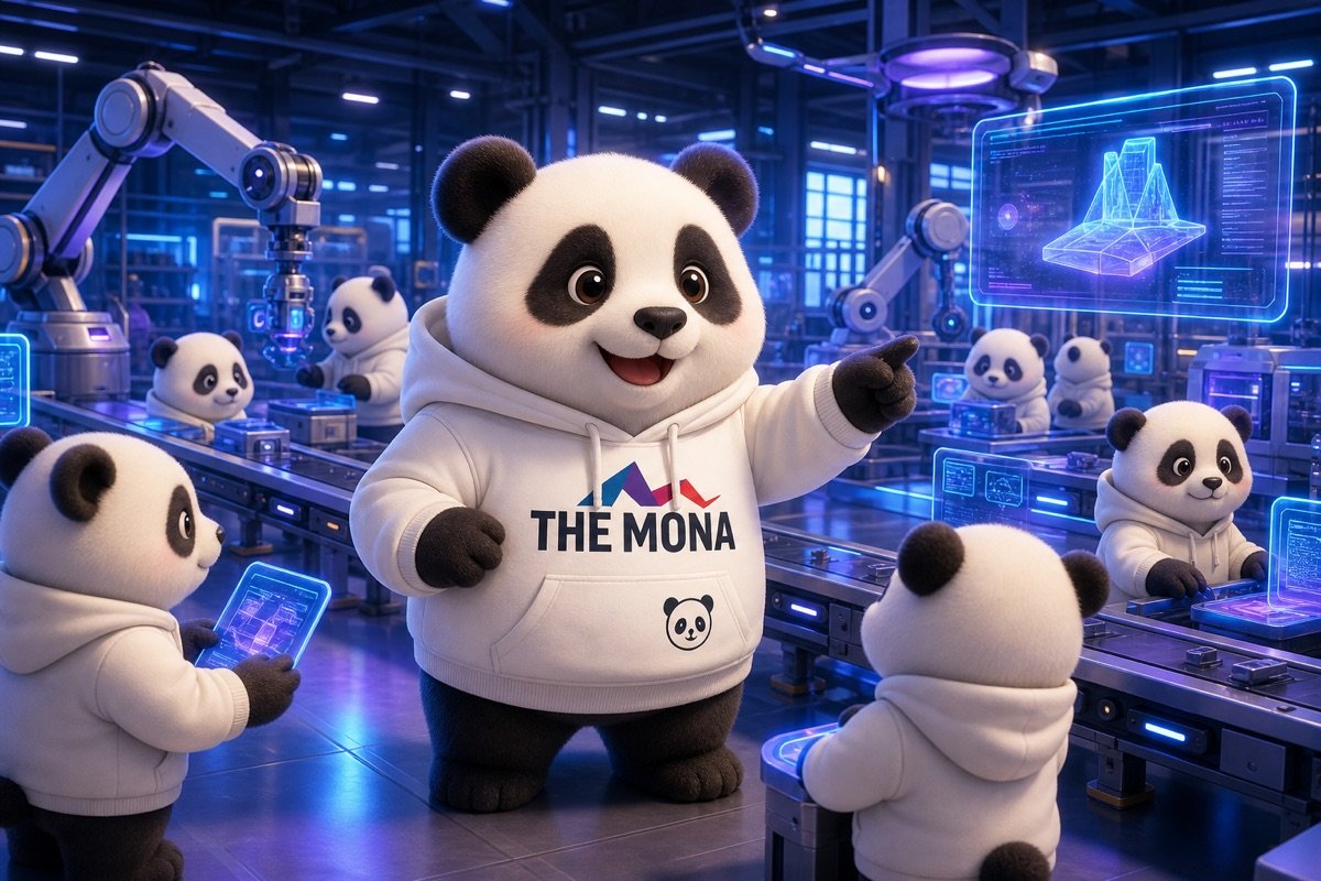 Chú gấu MONA hướng dẫn các nhân viên khác trên sàn nhà máy hiện đại, biểu tượng cho việc tái đào tạo để nhân viên không còn ăn lương không produce.