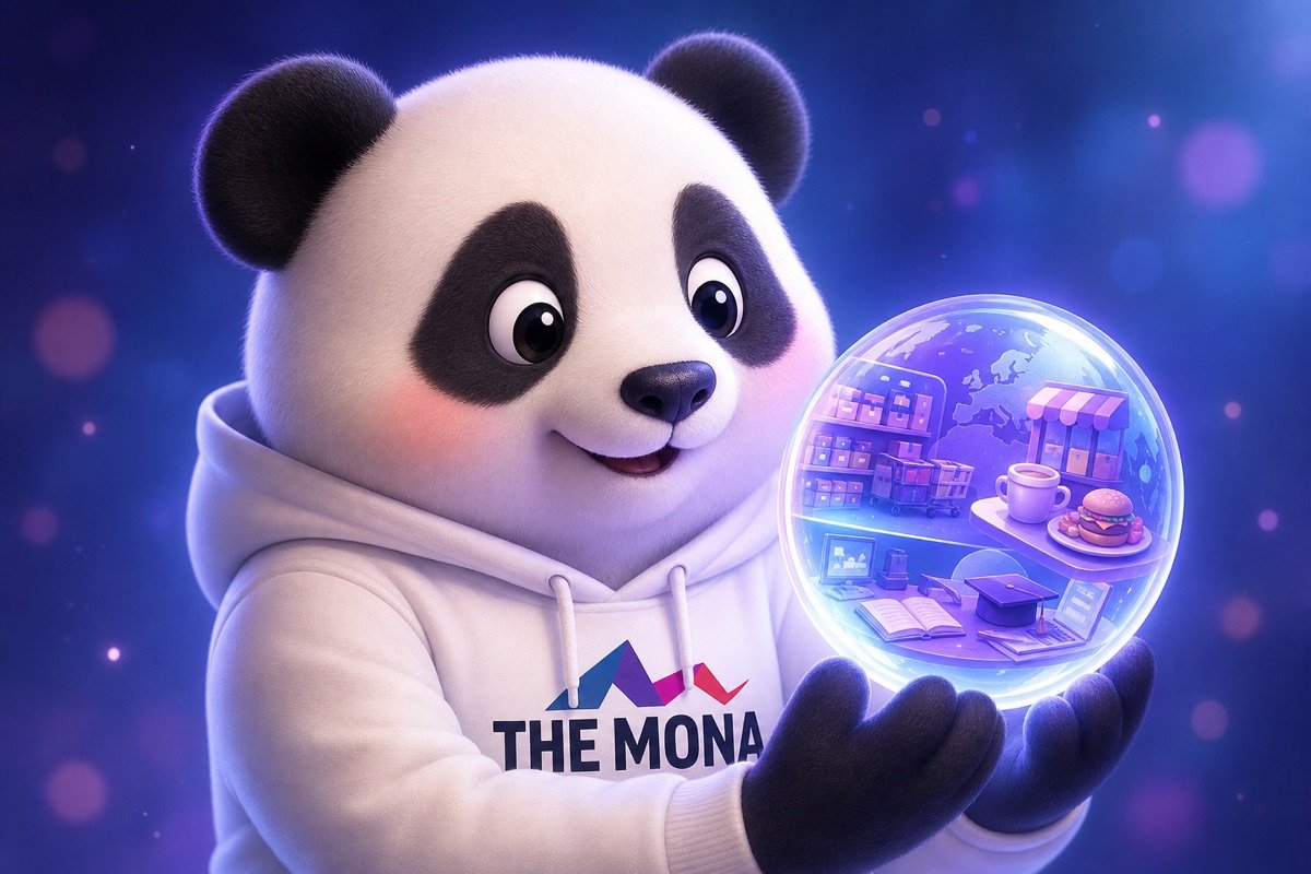 Chú gấu MONA biểu cảm hy vọng, nhìn vào quả địa cầu phát sáng, tượng trưng cho việc mở rộng tự động hóa sang nhiều ngành, tránh FOMO.