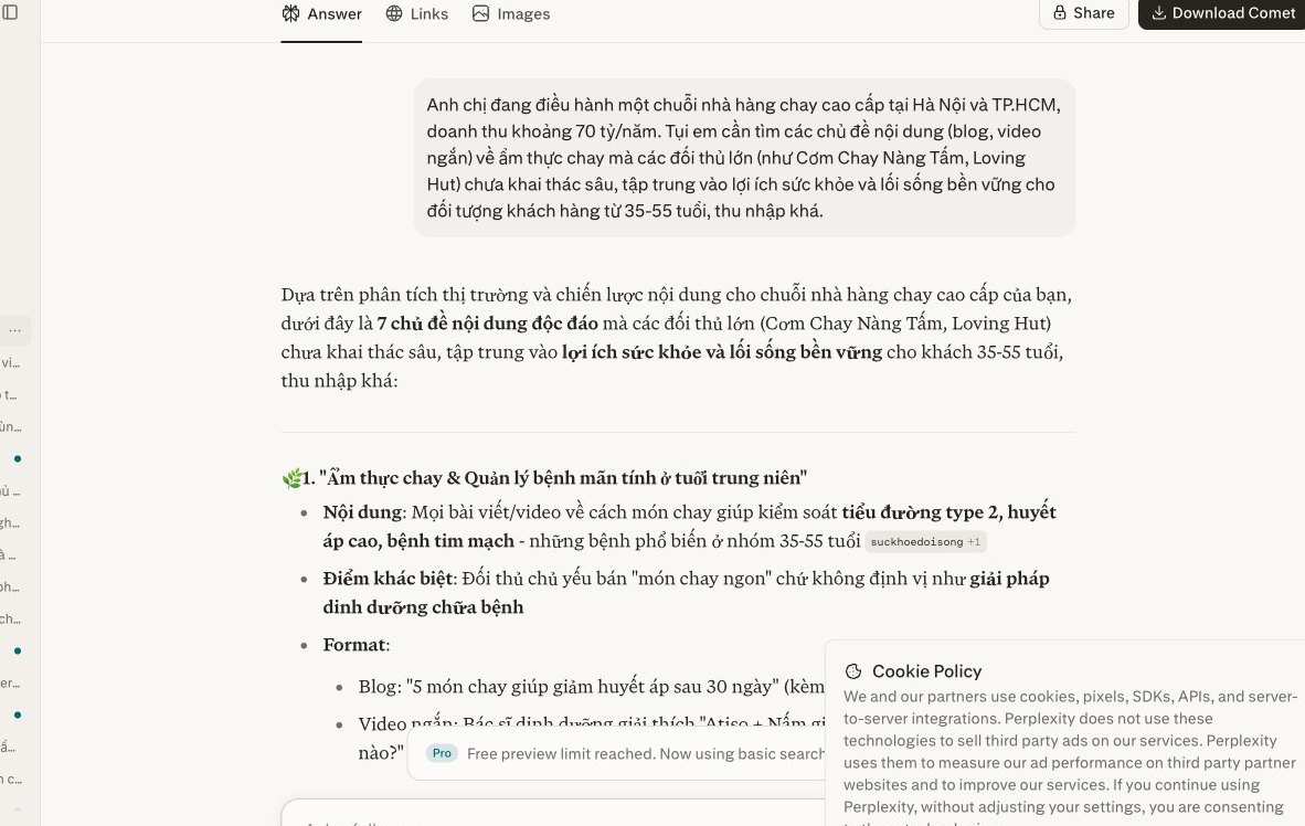 Perplexity tìm kiếm chủ đề content hot, nội dung độc đáo cho nhà hàng chay cao cấp, tránh trùng lặp trên Google.