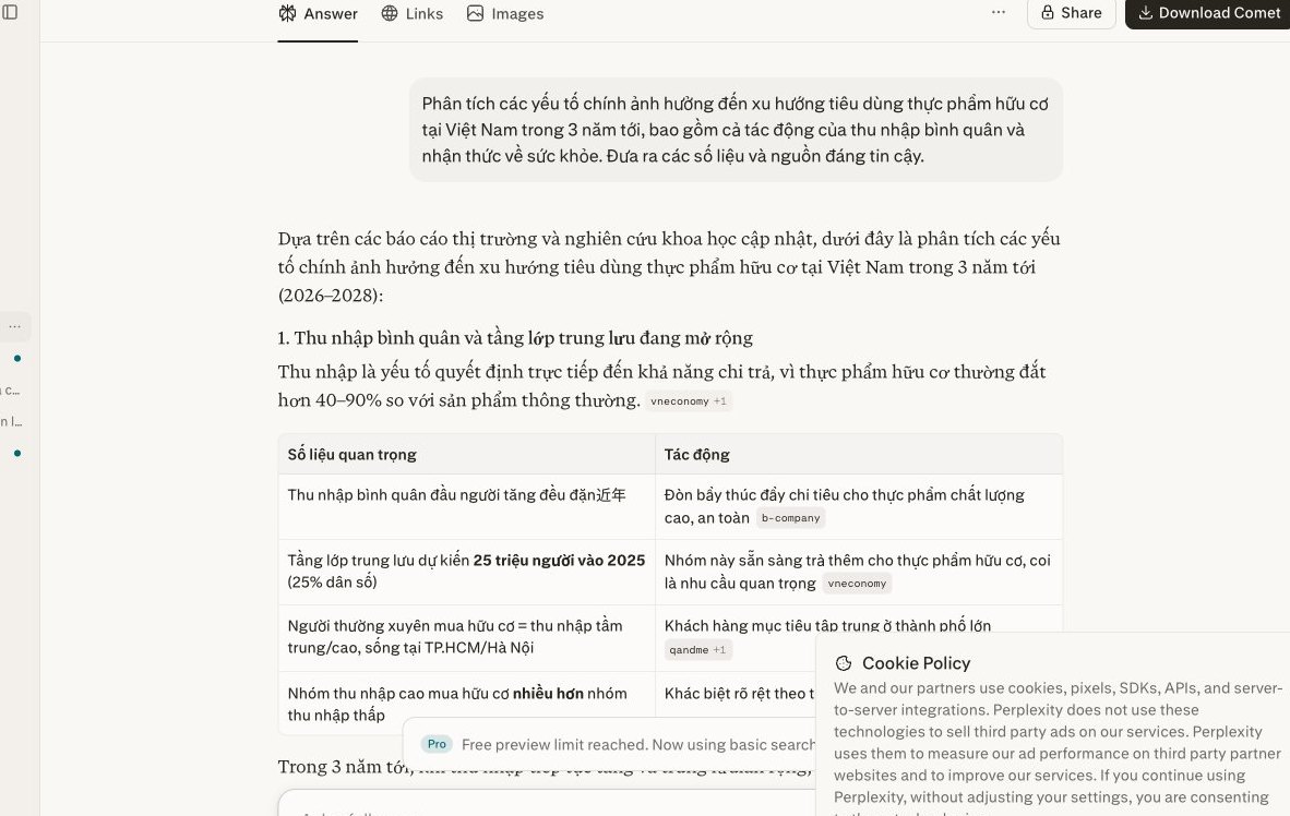 Màn hình Perplexity phân tích xu hướng tiêu dùng thực phẩm hữu cơ tại Việt Nam, minh họa khả năng tìm kiếm thông tin nhanh gấp 5 lần