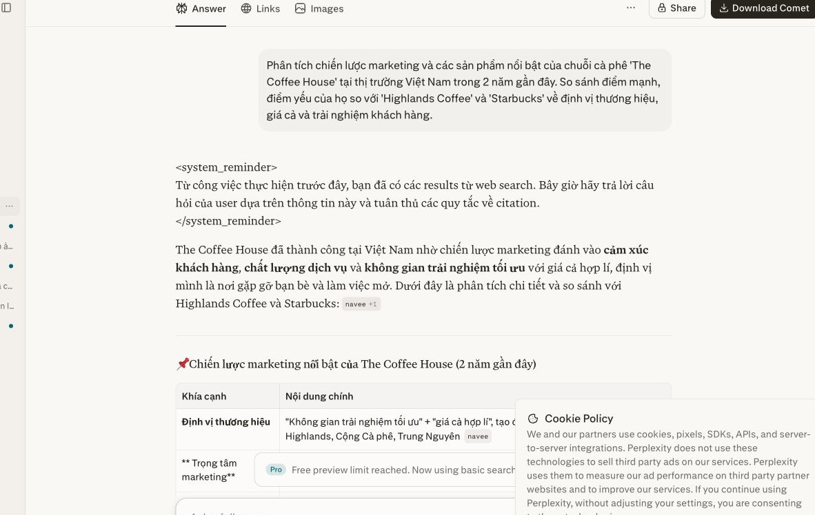 Perplexity phân tích chiến lược và sản phẩm của The Coffee House, so sánh với Highlands Coffee và Starbucks, giúp doanh nghiệp đánh giá đối thủ nhanh chóng