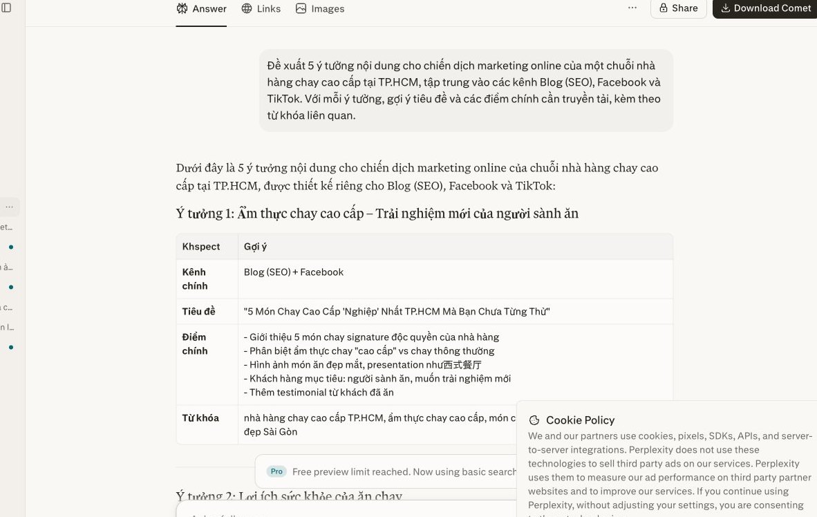 Perplexity đề xuất ý tưởng nội dung cho nhà hàng chay cao cấp trên Blog, Facebook, TikTok, hỗ trợ phác thảo chiến lược marketing