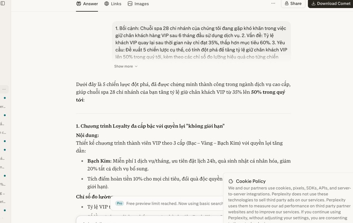 Perplexity trả lời sâu về chiến lược giữ chân khách VIP cho chuỗi spa, sử dụng công thức 3 câu hỏi.