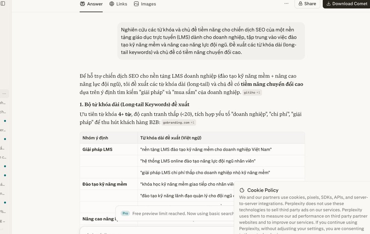 Perplexity nghiên cứu từ khóa và chủ đề cho nền tảng LMS, hiển thị nguồn tham khảo.