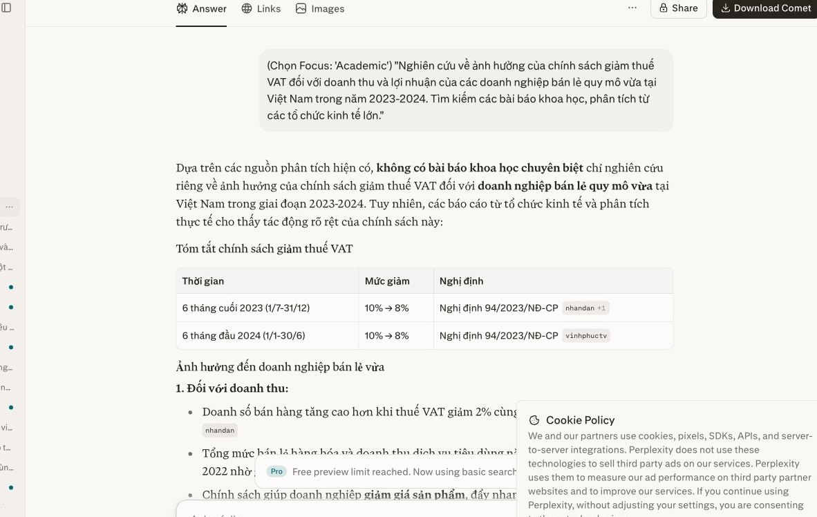 Màn hình Perplexity với chế độ Focus 'Academic' đang hiển thị kết quả nghiên cứu ảnh hưởng của chính sách giảm thuế VAT đến doanh nghiệp bán lẻ.