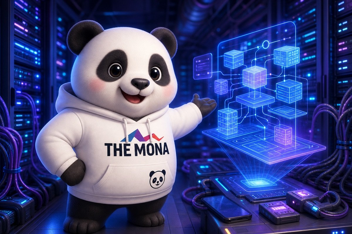 Gấu trúc tự tin đứng trong trung tâm dữ liệu, giới thiệu cách MONA triển khai phần mềm tự động hóa tùy chỉnh, khác biệt với cơn sốt AI chung chung.