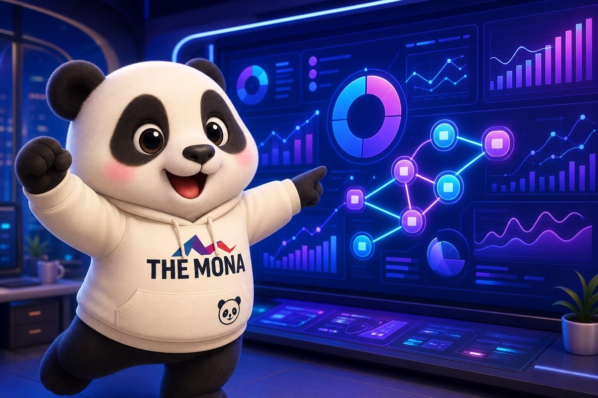 Panda vui vẻ chỉ vào màn hình hiển thị dữ liệu hợp nhất từ phần mềm ERP cho ngành sản xuất, mang lại hy vọng.