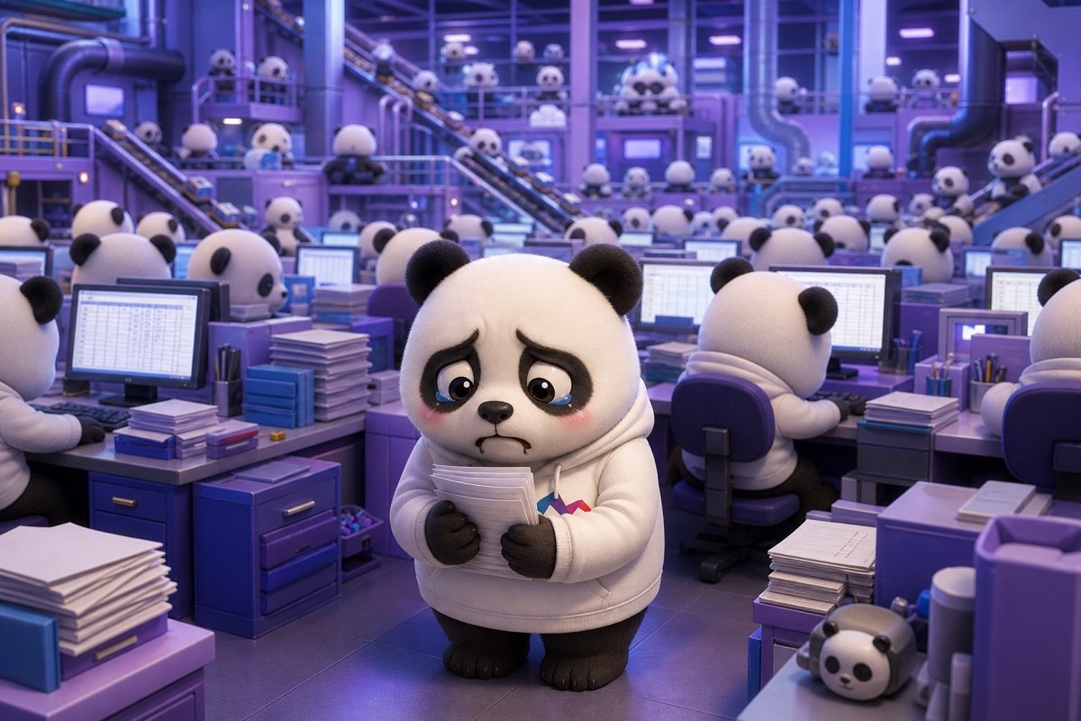 Panda nhỏ bé giữa xưởng sản xuất lớn, nhiều nhân sự cồng kềnh chỉ để làm Excel, minh họa nỗi đau mở rộng.