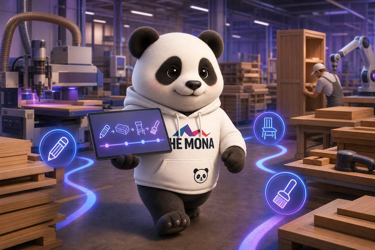 Gấu MONA thực hiện quy trình quản lý dự án sản xuất gỗ từng bước với phần mềm tự động hóa.