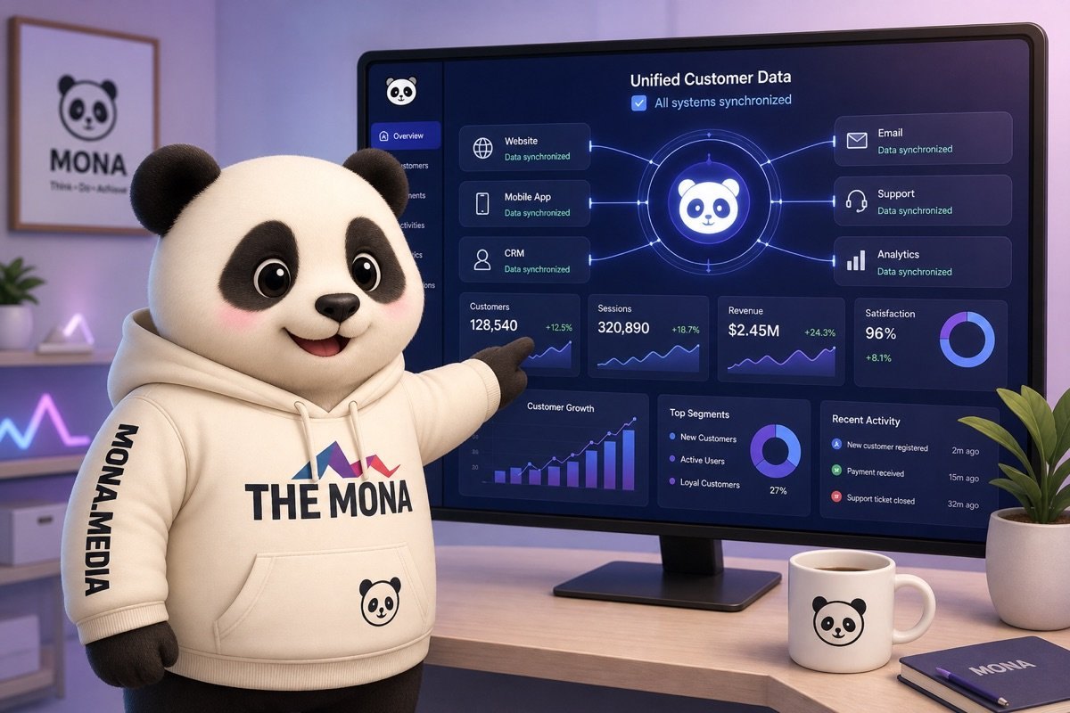 Panda mỉm cười chỉ vào màn hình hiển thị dữ liệu khách hàng bán sỉ được đồng bộ hóa, minh họa hiệu quả của phần mềm quản lý marketing AI.