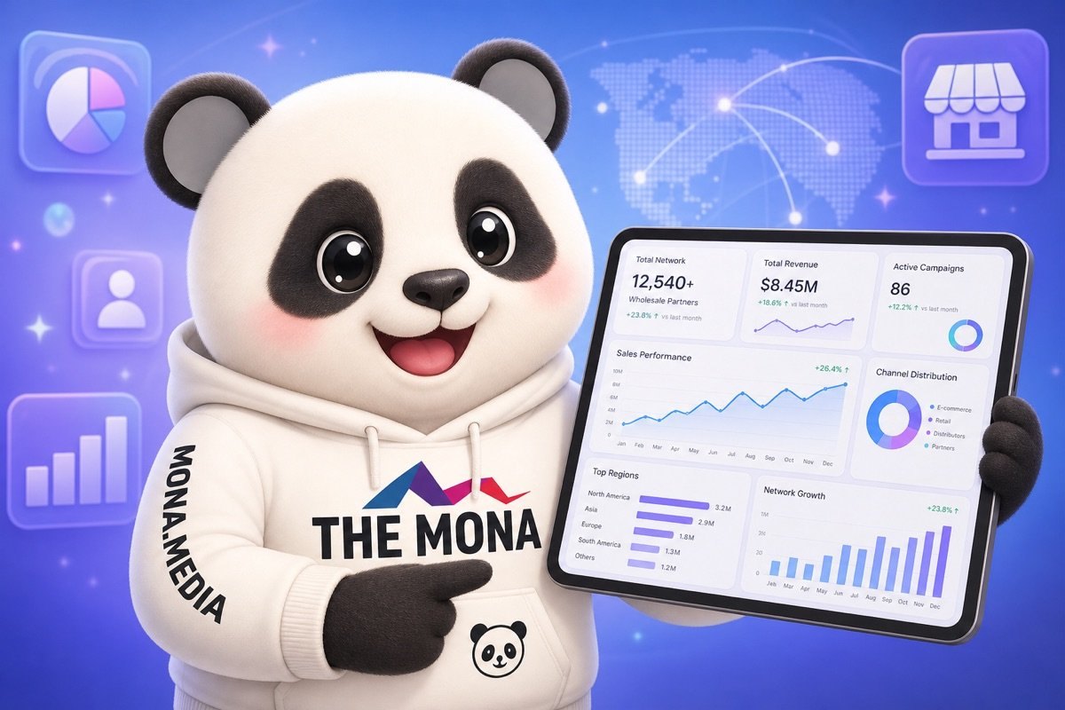 Panda mỉm cười tự tin, kiểm soát toàn bộ hoạt động marketing bán sỉ trên tablet nhờ phần mềm quản lý marketing AI.