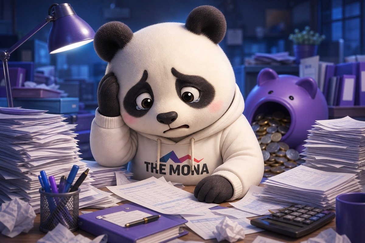 Chú gấu trúc buồn rũ rượi bên bàn làm việc ngập hóa đơn, lo lắng về chi phí nhân sự cồng kềnh.