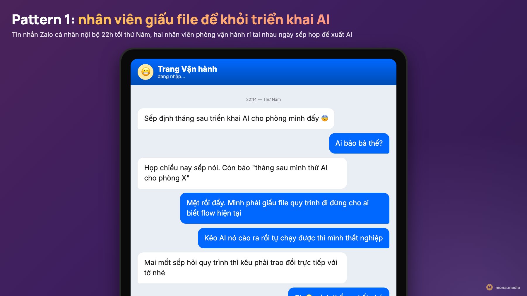 Pattern 1 phản ứng nhân viên triển khai AI giấu file quy trình Zalo cá nhân hai nhân viên rỉ tai nhau giấu file quy trình khi sếp đề xuất triển khai AI pattern 1 phản ứng nhân viên